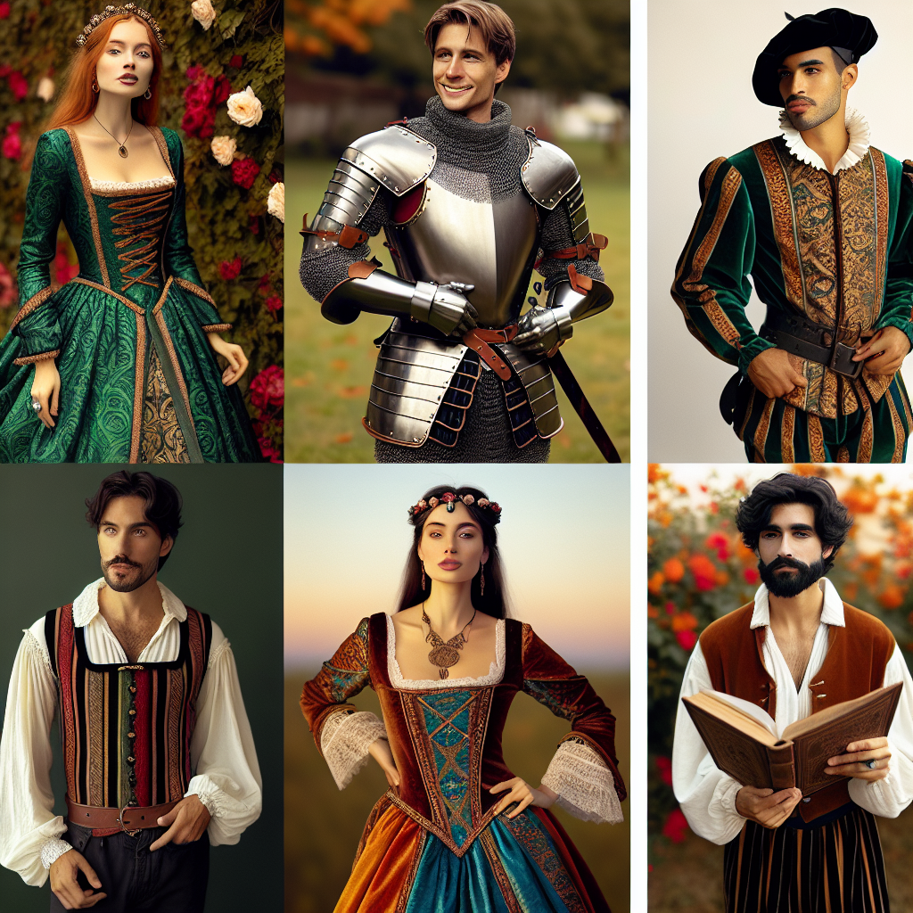 Imagine a collage photo presenting various outfits ideas suitable for a Renaissance Fair. First, a dress showing the rich green brocade attire, complete with a headdress for a Caucasian woman. Next to it, show a Middle-Eastern man donned in chivalrous armor, then a South Asian woman dressed in an elegant Tudor style velvet gown in jewel tones. Finally, visualize a Hispanic man wearing a poet's shirt and leather vest, paired with breeches. Each person seems elated and in character, echoing the timeless charm of Renaissance fashion.