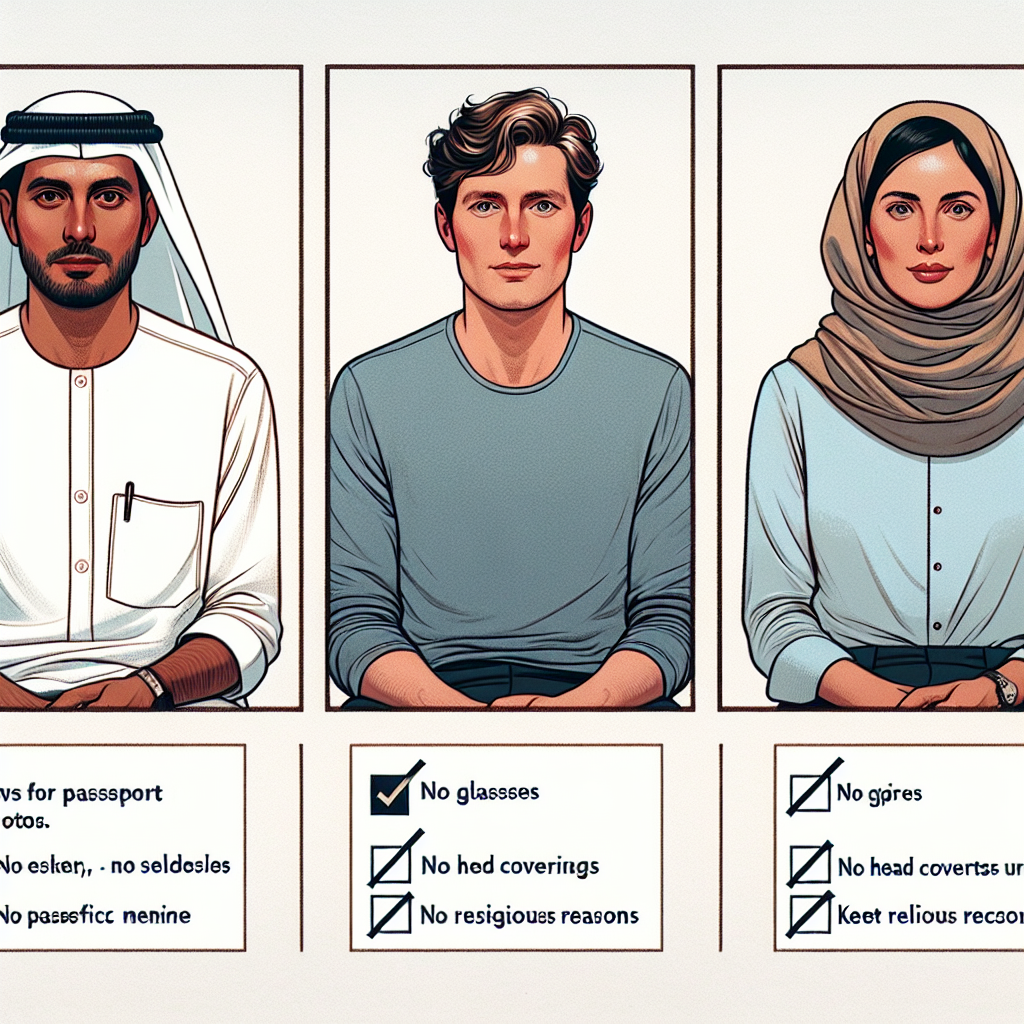 An illustration providing a style guide for passport photos. Show three individuals of different descent: a Middle-Eastern male, a Hispanic female, and a Caucasian male, each sitting in front of a white backdrop. Each person should be pictured from the shoulders up, facing forward, and with a neutral expression. They should be styled appropriately for a passport photo - neat hair, no accessories, and simple clothing. Below each picture, depict a checklist of requirements such as even lighting, no glasses, no head coverings unless for religious reasons, and keeping a neutral expression.