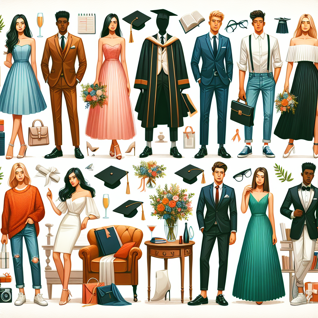 What to Wear to a Graduation: Stunning Guest Outfits Create an image showcasing a variety of graduation guest outfits. Illustrate sartorial choices for different weather conditions, such as a cool and cloudy day or a warm, sunny afternoon. Ideas include a chic dress for a Caucasian woman, a stylish suit for a Black man, a sophisticated saree for an Indian woman, and a crisp white shirt and jeans for an Asian man. Add accessories like graduation caps, bouquets and personal gifts to enrich the festive mood. The scene should reflect a vibrant, celebratory ambiance filled with joy and achievement.