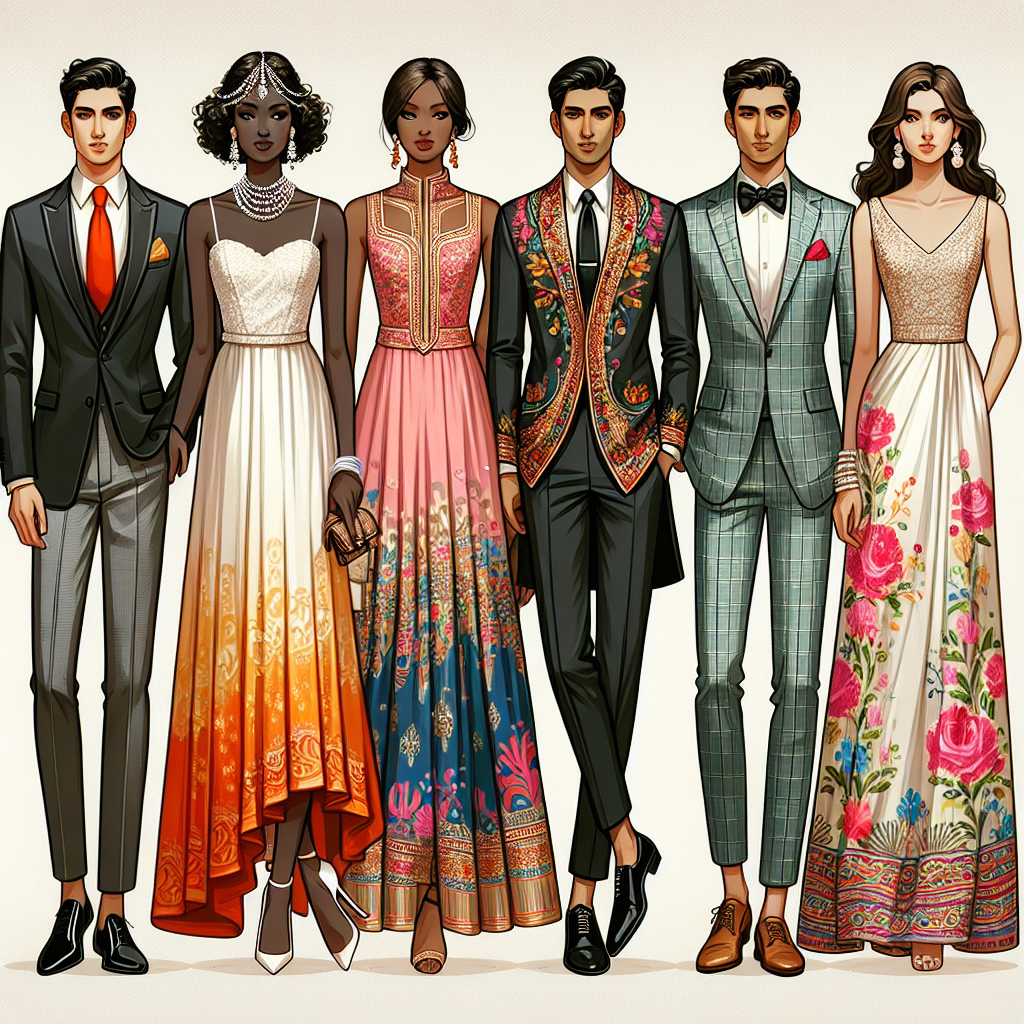Stunning Wedding Guest Outfits for Every Style Generate a compilation image which represents wedding guest outfits catering to various styles. The image should showcase five distinct outfits suitable for a wedding. First, a classical ensemble featuring a well-tailored black suit, crisp white shirt, and vibrant red tie for a Caucasian man. Second, an elegant cocktail dress in a pastel color, accessorized with pearls for a Black woman. Third, a vibrant and colorful traditional South Asian kurta-pajama for a South Asian man. Fourth, a glamorous floor-length gown adorned with floral embroidery for a Middle-Eastern woman. And finally, a chic pantsuit in a bold geometric print for a Hispanic woman. Remember to represent the diversity of styles in a respectful and aesthetically pleasing way.