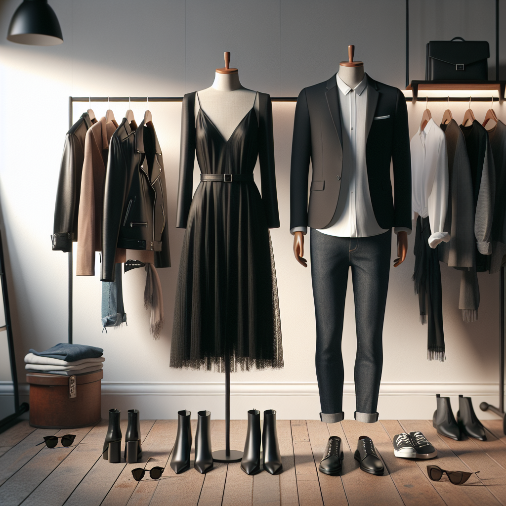Must-Have Model Outfits for Castings: Effortless Style Create an image setting of a chic dressing room, with a couple of fashionable outfits hung up. The outfits represent effortless style, perfect for model castings. They should include a White woman's stylish casual black dress paired with a leather jacket and ankle boots, and an Asian man's sophisticated ensemble of a crisp white shirt, dark blazer, and jeans. Ensuring each piece of clothing exudes a 'must-have' vibe for models, the backdrop should be filled with accessories like sunglasses, scarves, and hats. The mood is high fashion but accessible, and the dressing room is subtly lit.