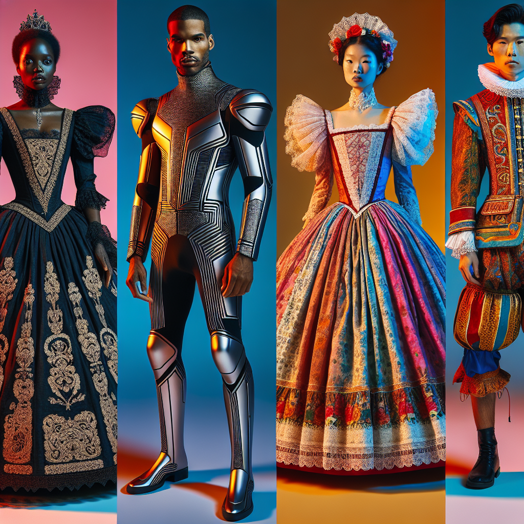 Stunning Outfits for a Play: Effortless Style Guide Image of four individuals donning distinctive and stylish theatre costumes: A Black woman in an ornately decorated 18th century-style gown complete with a high collar and intricate lace detailing, a Hispanic man in a sleek, sculptural suit reminiscent of characters from a futuristic, sci-fi-themed play, an Asian woman in traditional Shakespearean attire — a waist-cinched dress with puffed sleeves and voluminous skirt, and a Caucasian man dressed in a vibrant, culturally inspired outfit that hints at a folkloric, musical production. Each person stands in a vibrant spotlight that emphasizes the variety of roles and styles found in theatre.