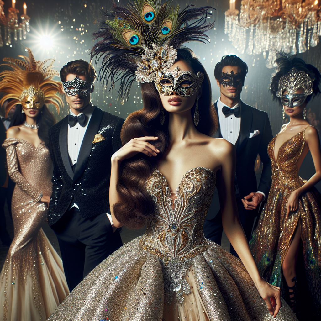 Stunning Masquerade Attire: Effortless Elegance Awaits Visualize a dazzling scene at a masquerade ball. In the center is a Hispanic woman, draped in a sparkling ball gown that sways with every step she takes. Her mask, veiling her features, is an ornate piece of art embedded with glittering stones. On her left, a Middle Eastern man dons an exquisitely tailored tuxedo, his mask a riveting play of gold and black. Off to the right, an Asian woman spellbinds onlookers in an opulent dress that shimmers under the ballroom lights, her mask adorned with peacock feathers. All around, guests in exquisite attire revel, the air thick with grandeur and mystery.