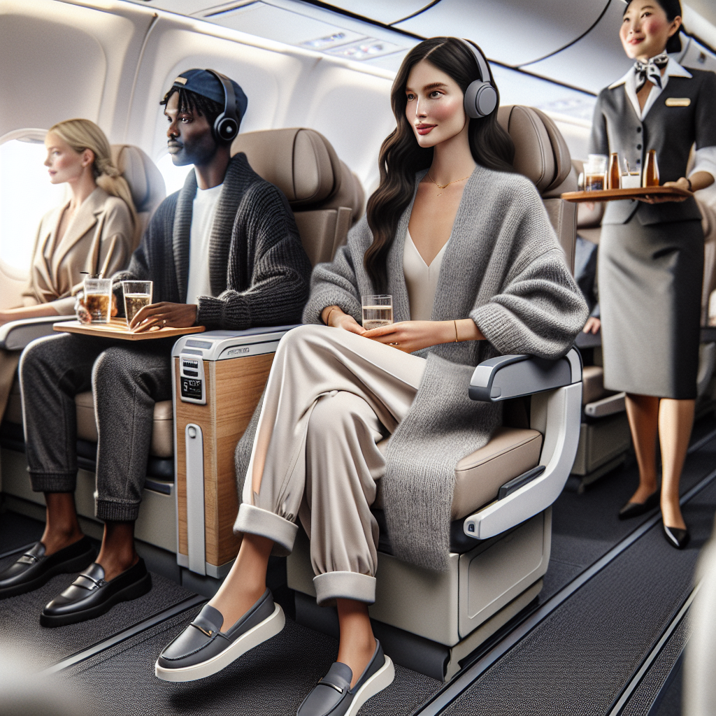 What to Wear on a Long Flight: Effortless Style Tips Show a scene inside the cabin of a commercial airplane. Focus on a woman in aisle seat, dressed in loose fit and chic attire. She should be Caucasian, wearing a grey cashmere wrap, slip-on loafers, and sporting a fashionable but practical hairdo. Also depict a Black man sitting in a window seat, donned in comfortable fitting dark denim jeans, a cozy cardigan, a baseball cap, and wearing Bluetooth headphones. On the aisle should be an Asian flight attendant donning a crisp and professional uniform, offering a selection of beverages from a cart. The overall atmosphere should be relaxed and comfortable.