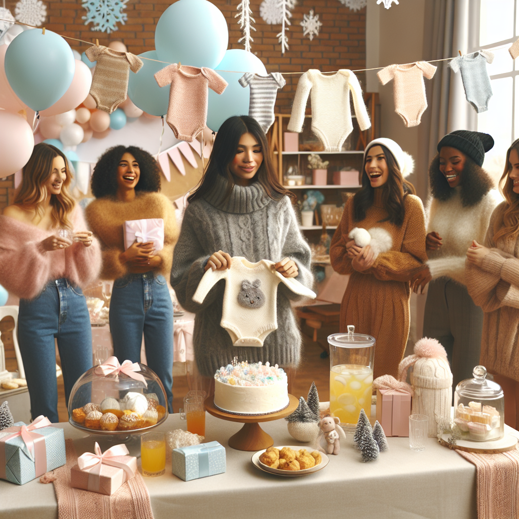 Must-Have Winter Outfits for Baby Showers Show a winter-themed baby shower event in a warm and cozy indoor setting. The room is decorated with pastel-colored balloons, faux snow decorations, and knitted baby onesies hanging as bunting. In the corner, there's a table filled with delicious snacks, a beautifully decorated cake in the shape of a onesie, and punch served in a large glass bowl. The attendees are a mix of Caucasian and Hispanic women, each stylishly dressed in cozy winter outfits – think thick sweaters, scarves, beanie hats, and boots. A South Asian woman is opening gifts and another Black woman is laughing and telling a story.