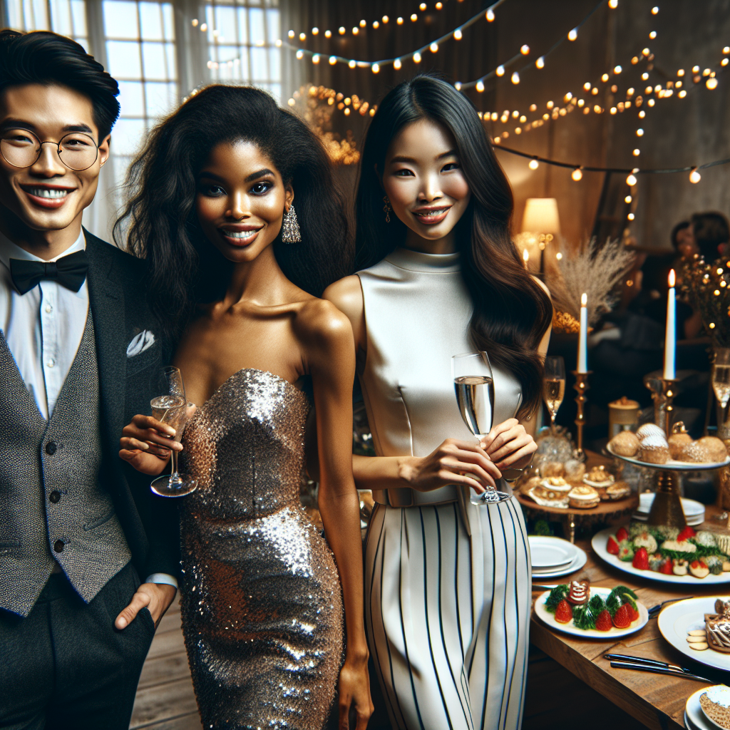 What to Wear to a Graduation Party: Stunning Picks! Create an image of a graduation party where fashionable attendees are serving as style inspiration. Picture one stylish East Asian man in a smart casual ensemble, a chic South Asian woman in a glamorous party dress, and a fashionable Black woman in a sleek jumpsuit. The setting is an elegantly decorated room, with enticing party food and beverages arranged on a table. Strings of fairy lights add a cozy and festive touch to the ambiance. The gleaming smiles of central figures express their joy and pride in the accomplishments celebrated.