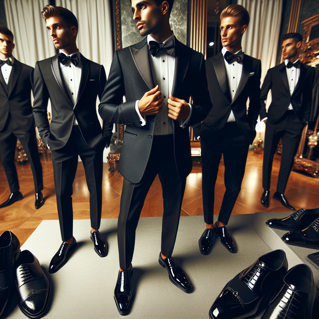 Stunning Black Tie Wedding Attire for Men: Effortless Elegance Picture a luxurious setting with a detailed view of men's black tie wedding attire. The image should illustrate an array of finely tailored tuxedos in deep black hues, with crisp white shirts beneath. Each ensemble is accented by glossy patent leather shoes, silk bow ties, and elegant cufflinks. In the background, you can observe well-dressed guests, a Caucasian male and a Hispanic male, both admiring the showcased attire. The atmosphere exudes sophistication, demonstrating the effortless elegance of black tie events, and giving readers an insight into the stunning aesthetics of festive gatherings.