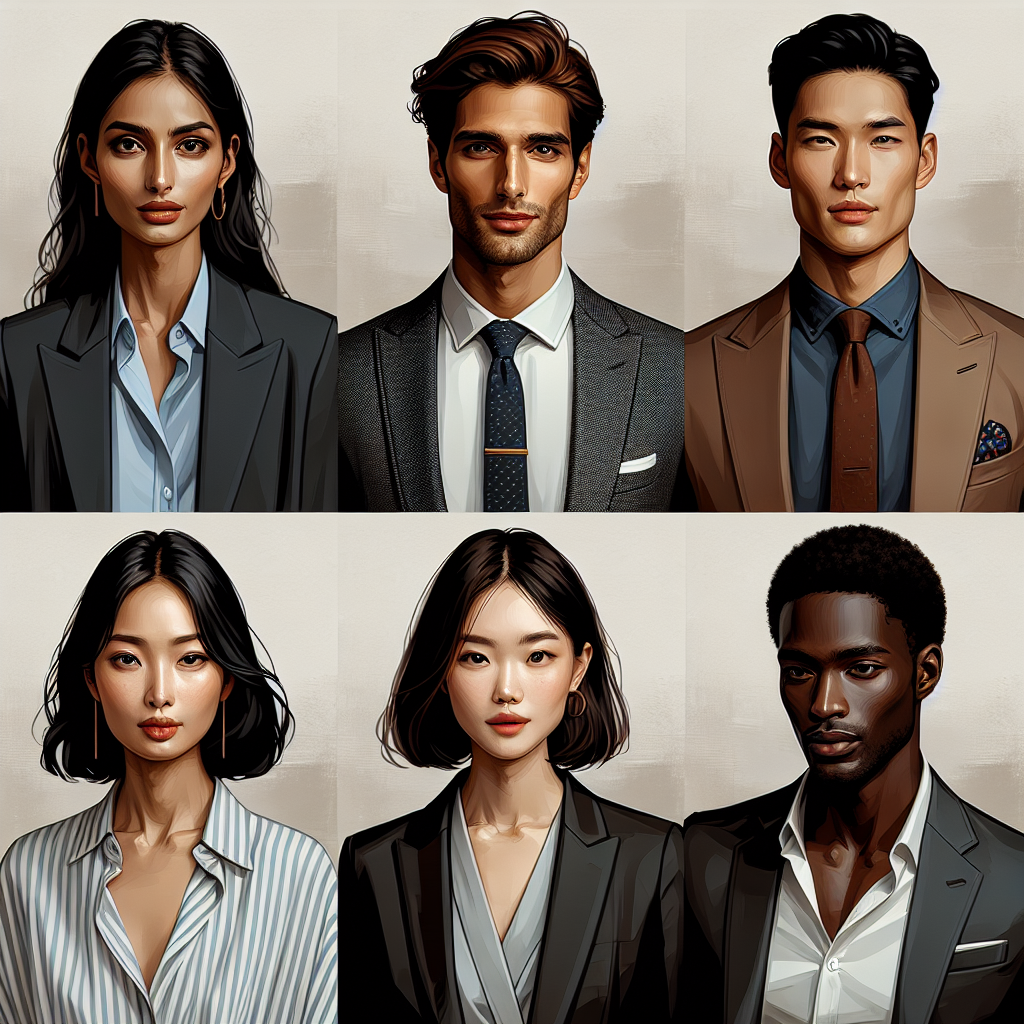 Headshot Wardrobe Guide: Must-Have, Effortless Looks A comprehensive visual guide showcasing various effortless headshot styles. The image depicts five different individuals, each with their unique takes on headshot wardobe. A South Asian woman is elegantly dressed in a chic blazer, a Caucasian man dons a classic shirt and tie, a Middle-Eastern woman sports a fashionable blouse, a Black man confidently wears a smart casual outfit, and a Hispanic man models a modern, sleek suit. Using neutral backgrounds underline the outfits and facial expressions of each individual. All of their poses and expressions exude confidence and professionalism, making this a perfect reference for a Headshot Wardrobe guide.