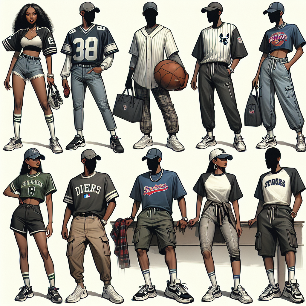 Visualize a collage-style image presenting various effortless game day outfits. To the left, depict a Black woman dressed in a chic sports jersey with trendy jeans and comfortable sneakers. Next, portray a casual outfit worn by an East Asian man, featuring a stylish baseball cap, a team T-shirt, and relaxed-fit joggers. Moving right, illustrate a trendy ensemble presented by a Middle-Eastern woman, showing off a sporty, chic dress and fashionable boots. Lastly, craft an outfit sported by a Caucasian man wearing a team-themed casual T-shirt, cargo shorts and sport sandals.