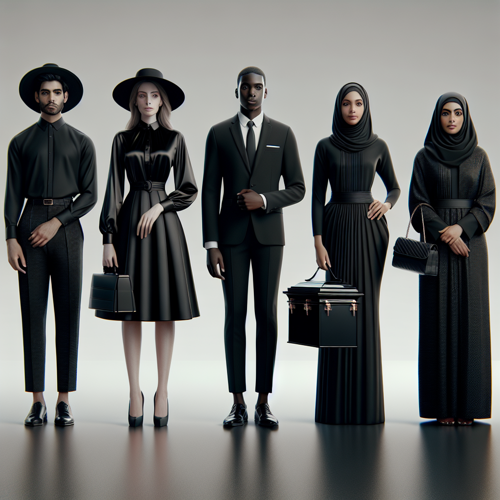 Stunning Funeral Attire: Dress Effortlessly Right Visualize an informative and stylish scene featuring five individuals standing together, each dressed in different elegant funeral attire. The first person is a fair-skinned female wearing a respectful black hat and a sophisticated satin blouse, the second person is a Black male with a dapper black suit and tie, the third person is a South Asian female elegantly dressed in a conservative black saree, the fourth person is a Hispanic male wearing a minimalist yet classy black turtleneck and black trousers while the fifth person is a Middle-Eastern female draped in a stylish black abaya. All of them display composure, respect, and elegance. The background should be simple, possibly a soft gradient, to keep the focus on the clothing and their personalities.