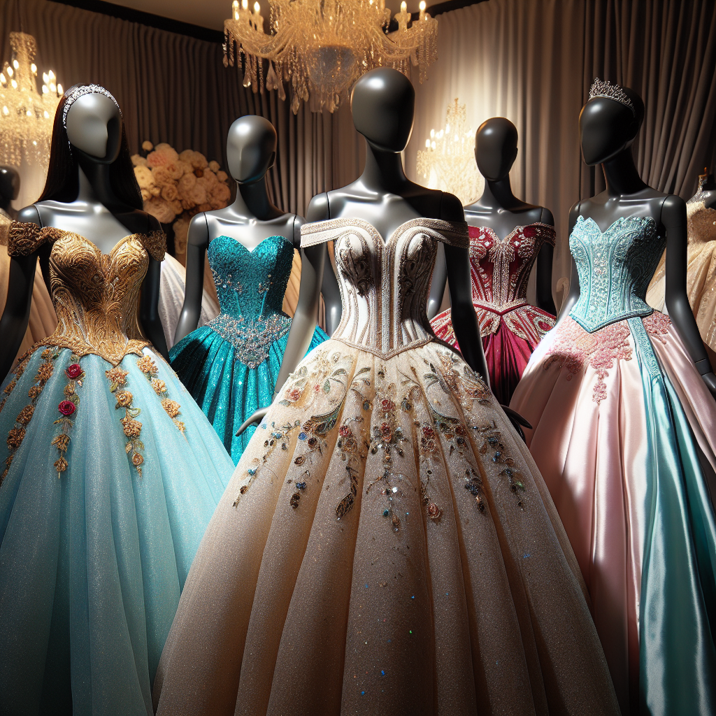 Stunning Outfits to Dazzle at Your Next Quinceanera A showcase of exquisite quinceanera outfits. Picture a row of four mannequins in a setting that evokes an elegant party atmosphere. The first mannequin, a South Asian female, is dressed in a golden ball gown with intricate designs and beading. The second, a White female, is wearing a teal off-shoulder dress with a full skirt and sparkly sequin details. The third mannequin, a Black female, is adorned in a red sleeveless dress with floral embellishments. The last mannequin, a Hispanic female, showcases a pink satin gown with a corset bodice. Each outfit radiates class and attention to detail.