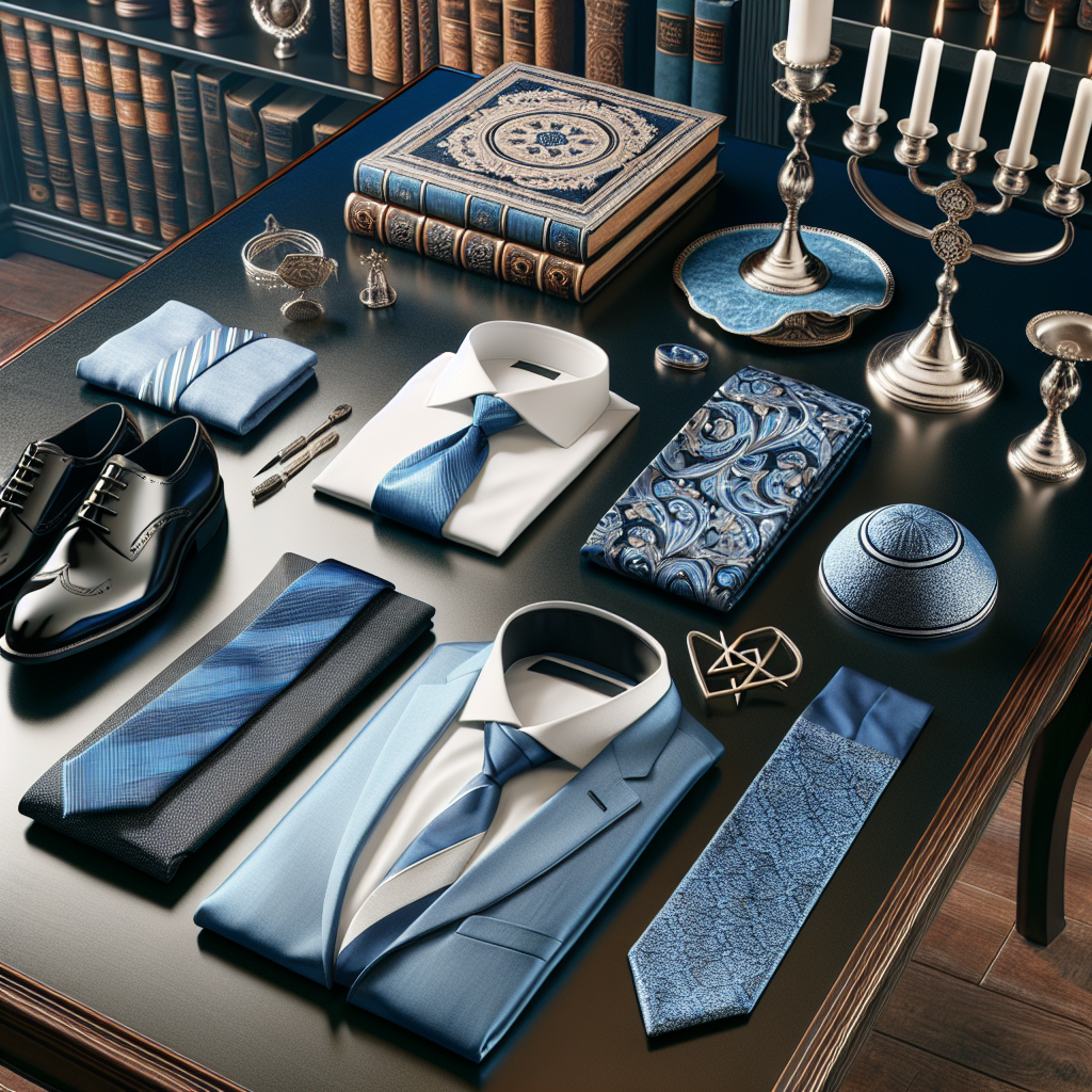 Bar Mitzvah Style Guide: Stunning, Effortless Picks Visualize a Bar Mitzvah style guide presentation. The scene includes clothing options laid down flat on an elegant dark wooden table. There's a well-pressed, azure suit along with a crisp white shirt, a blue silk tie elegantly woven with subtle hints of silver, and a matching azure kippah. The table also holds a gleaming pair of glossy black dress shoes, a sterling silver Torah pointer, and a tallit organized neatly. The background includes assorted decor elements associated with a traditional Bar Mitzvah, like a menorah, Star of David ornamentation, and nicely arranged stacks of old religious books.