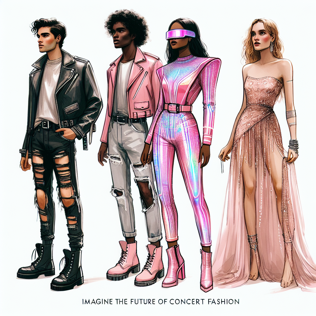 Imagine the future of concert fashion with this visual tour of stunning outfits. Depict three ensembles, each oozing with personality and standout details. The first outfit should be an exciting combination of a leather jacket, distressed denim, and combat boots, in various shades of pink. The second is a holographic pink jumpsuit prompting a future-retro vibe. The last one, a more feminine option, visualizes a flowing maxi dress in a delicate shade of blush pink adorned with intricate beadwork. All models are distinctly diverse, one is a South Asian male, another a black female, and the third a Caucasian non-binary individual.