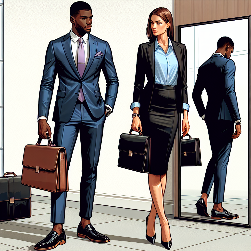 Ace Your Interview: Must-Have Styles to Impress A well-dressed male and female duo preparing for job interviews. The male, a Black gentleman, is wearing a stylish navy-blue suit with a lavender tie, well-polished black loafers, and carrying a luxurious brown leather briefcase. The female, a Caucasian woman, sports a contemporary black pencil skirt suit, a sky-blue blouse, neat black pumps, and a black leather portfolio. They stand in front of a large mirror, examining their appearances, focused and determined, ready to conquer their interviews.