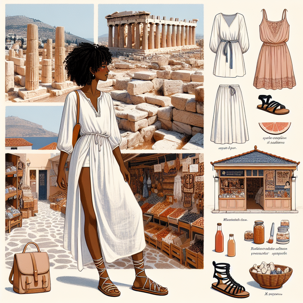 Must-Have Looks for Greece: Avoid Tourist Traps Create an image that showcases must-have looks for a traveler in Greece. The fashion should be practical, comfortable yet stylish, and reflective of the classic Grecian style. The person could be exploring the ruins of the Parthenon, basking in the clear Greek sun. This individual, a black woman with curly hair, should be clad in a breathable white linen tunic paired with comfortable gladiator sandals. Around her, there should be small shops selling Greek wares and food items in contrast with the 'tourist trap' souvenir shops. The colors used should reflect the warm Mediterranean environment.