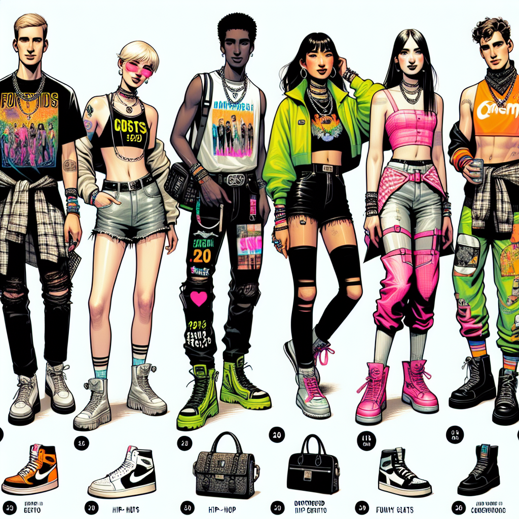 What to Wear to a Post Malone Concert 2024: Stunning Picks An illustrative guide on what to wear to a contemporary music concert in 2024. Imagine fans decked in streetwear inspired outfits, comfortable yet fashionable. On the left side, see a Caucasian man in his mid-twenties, with a graphic tee, distressed denim jeans, and sneakers. On the right corner, a Hispanic woman in her early thirties dressed in a neon crop top, high-waist shorts, and boots. In the center, a group of friends of varying descents showcasing diverse styles: punk, hip-hop, boho. Add hints of band merchandise, bold colors, funky jewelry, and stylish bags for a dynamic and animated scene.