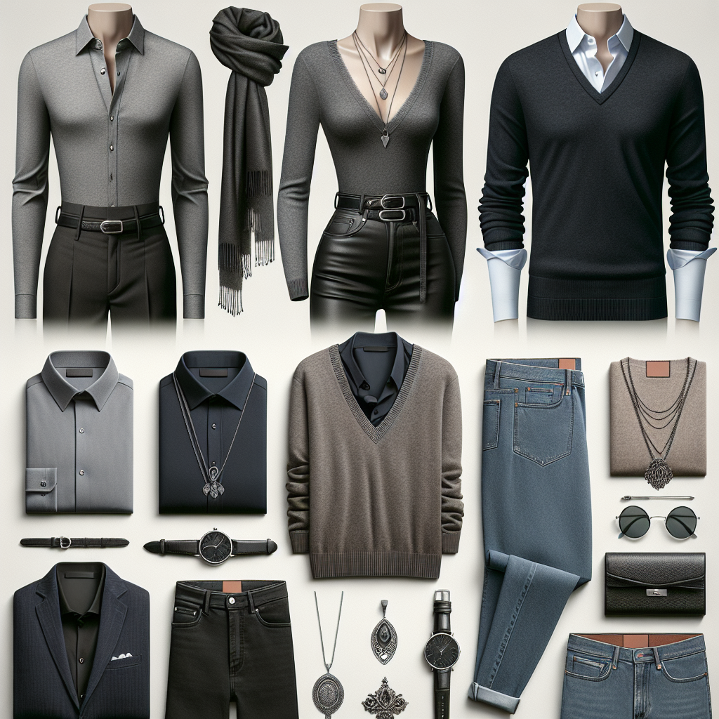 Must-Have Styles: What to Wear Under a V-Neck Sweater Create a stylish scene reflecting various outfit elements suitable for pairing with a V-neck sweater. Include a tailored dress shirt, both buttoned and unbuttoned, under a grey cashmere V-neck sweater. Add a dark high-waisted skirt with a thin leather belt for a more feminine touch. Also, depict a light blue jeans, coupled with a black V-neck sweater to represent a more casual look. Show an array of layered accessories like a silver pendant necklace and opulent silk scarf. Ensure to alternate between different genders and descents such as a Middle-Easter man and a Caucasian woman.