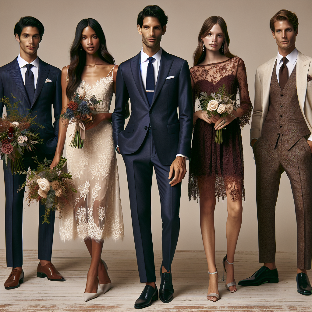Semi-Formal Wedding Attire: Find Your Stunning Look! Visualize a diverse group of individuals showcasing their semi-formal wedding attire. This should include a tall Middle-Eastern male in a sharp navy suit with a matching tie, an Hispanic female with long brown hair in a delicate lace knee-length dress, a Caucasian male in a cream-colored linen suit holding a bouquet of roses, a Black female wearing a fashionable jumpsuit with metallic accents, and a South Asian female in a burgundy cocktail dress adorned with intricate beadwork. Their expressions are jubilant, contributing to a festive and elegant atmosphere.