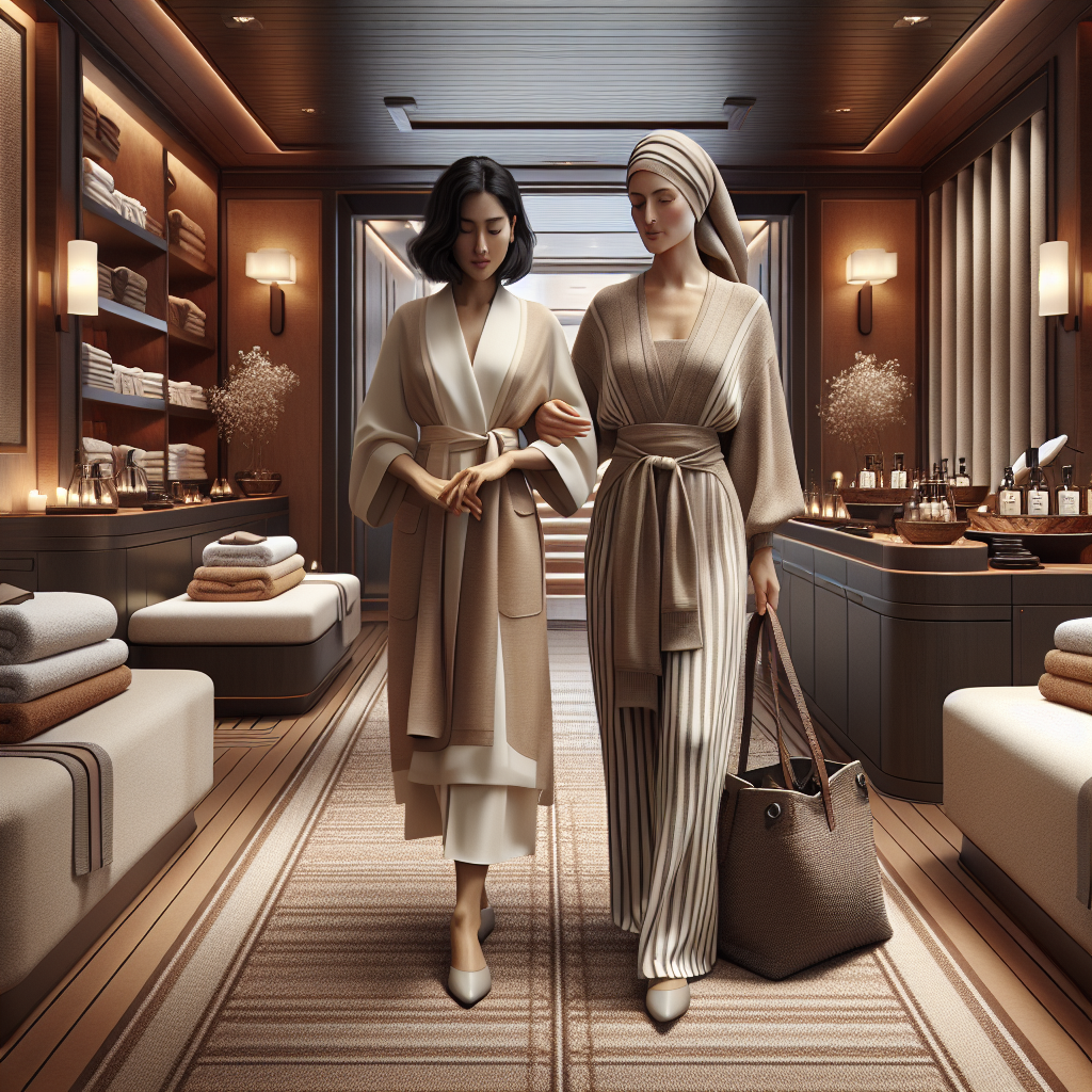 Stunning Spa Styles: Best Cruise Wear for Women Visualize a calming and luxurious spa setting on a cruise ship. The spa should feature earthy tones, gentle lighting, plush towels and an array of aroma therapy products. In the center of the scene, depict two women, one of South Asian descent and the other of Caucasian descent, both of different age groups, elegantly dressed in chic, neutral-toned cruise wear enjoying their spa day. Their outfits should embody comfort and stylish elegance, with soft fabrics, flowing silhouettes and accent accessories like light scarves or hats.