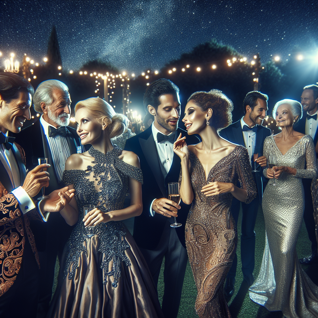 Stunning Gala Attire for 50-Year-Olds: Discover Now! An enticing image of a social gathering under a clear night sky where individuals around the age of 50 are happily interacting. Each person is dressed in elegant gala attire that reflects their unique style and personality. A Caucasian woman is wearing a shimmering gown with intricate beading, a Black man in an ornate tuxedo having a lively conversation with a Middle-Eastern woman draped in a regal silk dress, and a South Asian man in a stylish suit, mingling around. The picturesque scene beautifully captures the magical, glamorous aura of the gala night.