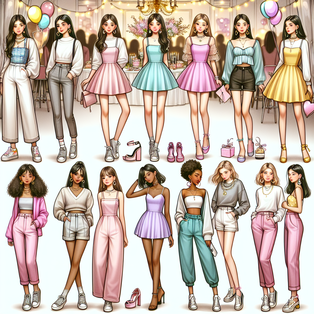 Must-Have Looks for Sweet 16: Effortless & Chic Create a diverse collection of fashionable outfits that are perfect for a Sweet 16 birthday party. This should include an effortlessly chic ensemble with trendy components such as a pastel colored skater dress, cute accessories and stylish shoes. Another outfit could feature a classy jumpsuit in a vibrant shade, paired with strappy heels and minimalist jewelry for a chic finish. Also depict a group of teenage girls of different descents including Asian, Black, and Hispanic wearing these stylish outfits, looking confident and joyful. Set the scene in a beautifully decorated party venue with balloons, lights, and other decorations.
