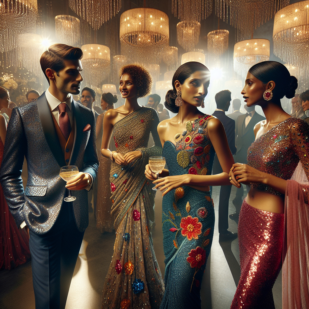 Stunning Wedding Guest Outfits: Find Your Perfect Match! Envision a captivating scene of a lavish, contemporary wedding ceremony, bustling with vibrant colors and glistening under the soft glow of suspended chandeliers. A South Asian woman in an elegantly embroidered, peacock-blue saree is chatting with her companion, an African woman in a ruby-red knee-length dress with stunning sequin details, while a Caucasian man in a tasteful navy-blue suit and a dusky pink tie observes their lively conversation with a thoughtful smile. Each person effusing the uniqueness of their attire, setting a mesmerizing backdrop for an exploration of stunning wedding guest outfits.