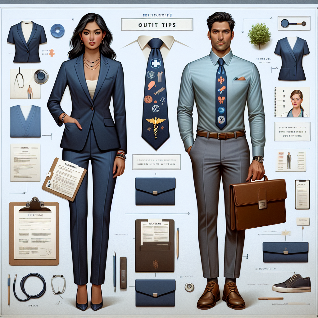 What to Wear to a Hospital Interview: Effortless Guide A comprehensive visualization of an efficient guide for individuals preparing for a hospital interview. Picture a South Asian woman donning professional attire such as a navy-blue pantsuit and elegant, minimalistic jewelry. She carries a brown leather portfolio with resumes peaking out. A Caucasian man next to her sports a light-colored shirt complemented by a vibrant tie having medical symbols, matched with gray trousers. He holds a clipboard with striking notes of his achievements visibly highlighted. Embed instructional footnotes providing outfit tips, preferably in a structured layout. Accents of hospital settings subtly incorporated in the background.