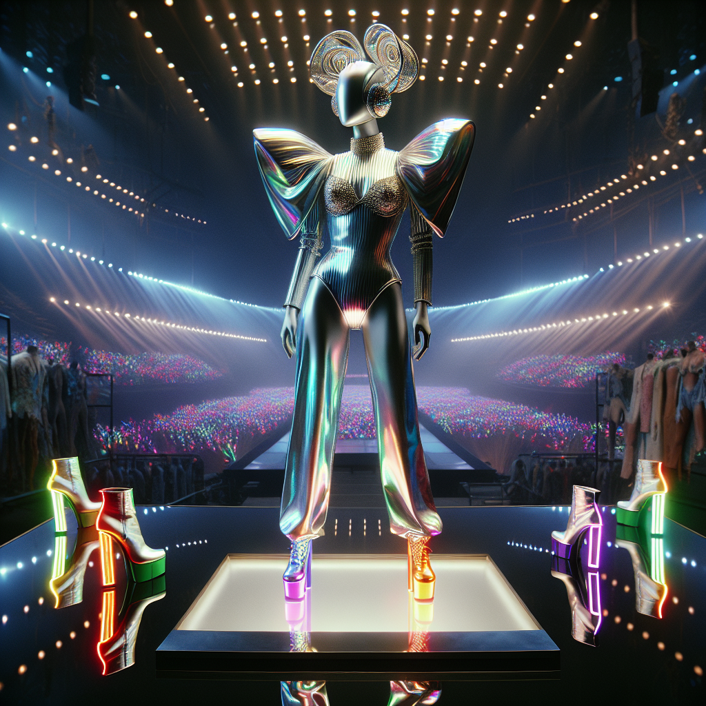 Must-Have Outfits for a Lady Gaga Concert An unconventional fashion ensemble suitable for a Lady Gaga concert. The outfit consists of a reflective silver jumpsuit with exaggerated shoulders, embodying a futurist aesthetic. To complete the ensemble, a pair of vibrant, neon-colored ankle boots are paired with a complementing avant-garde headpiece. The manikin displaying the outfit gleams under the spotlight, set against the mesmerizing backdrop of a hypothetical concert stage, filled with hues of bright pulsating lights. The atmosphere is filled with anticipation and excitement mimicking the energy of a concert.