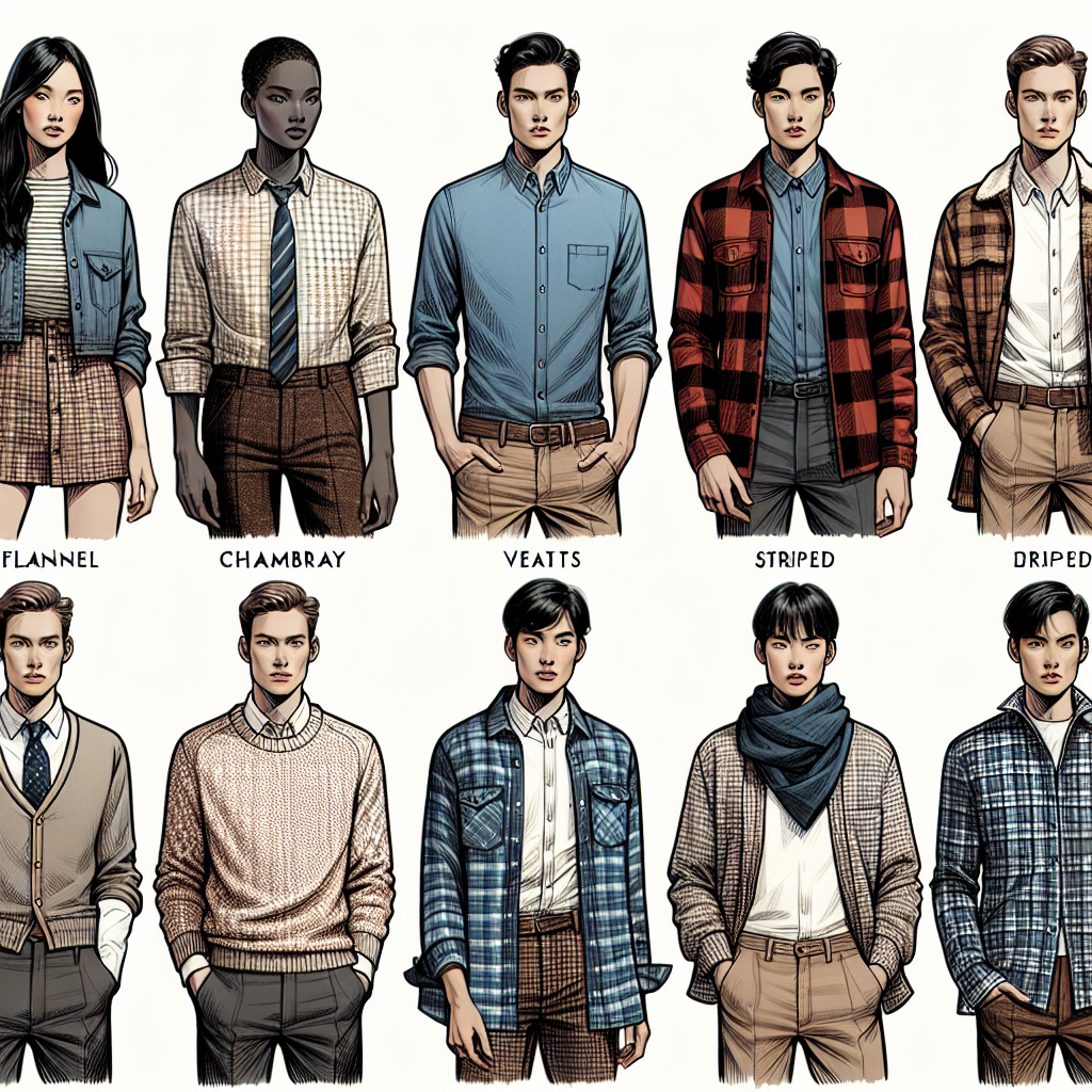 Best Collared Shirts for a Stunning Layered Look Showcase an illustrative styling guide featuring an array of collared shirts ideal for creating a layered look. The image should portray a variety of collared shirts in different fabrics, patterns and colors such as flannel, chambray, striped and checkered. Alongside, depict clothing items like sweaters, vests, or blazers which can be layered on top of these shirts. Intermix genders and descents, let's show a Black female model styling a layer with a chambray shirt and a sweater, a Hispanic male model showcasing a flannel shirt with a vest, a Caucasian female model pairing a striped shirt with a blazer and a South-Asian male model demonstrating the layering of a checkered shirt.