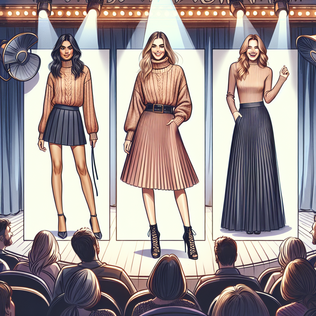 Must-Have Skirts for Sweater Outfits: Comedy Show Chic Create an image showcasing a variety of fashionable skirts appropriate for pairing with sweater outfits. In the setting, picture a comedy show environment filled with lively spectators, laughter, and a stage spotlight. Within this ambience, display a glamorous model of South Asian descent in a trendy mini skirt and a cozy turtle neck sweater. Also envisage an elegant woman of Hispanic descent wearing a pleated midi skirt with a loose fitted sweater. Finally, visualize a stylish woman of Middle-Eastern descent pairing a long, flowing maxi skirt with a fitted, ribbed sweater. Embellish the scene with subtle, chic accessories that enhance each outfit.