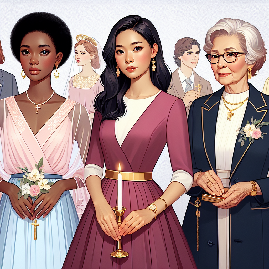 Display a variety of formal baptism attire suitable for godmothers. Portray three godmothers of different ages and descents. The first godmother is a young Black woman in a flowing pastel chiffon dress, accessorized with a pearl necklace. The second godmother is a middle-aged Asian woman dressed in a smart, knee-length ruby red dress with gold accents. The third godmother is an elderly Hispanic woman in an elegant navy blue suit paired with a matching hat. All of them are holding a baptism candle in their hands.