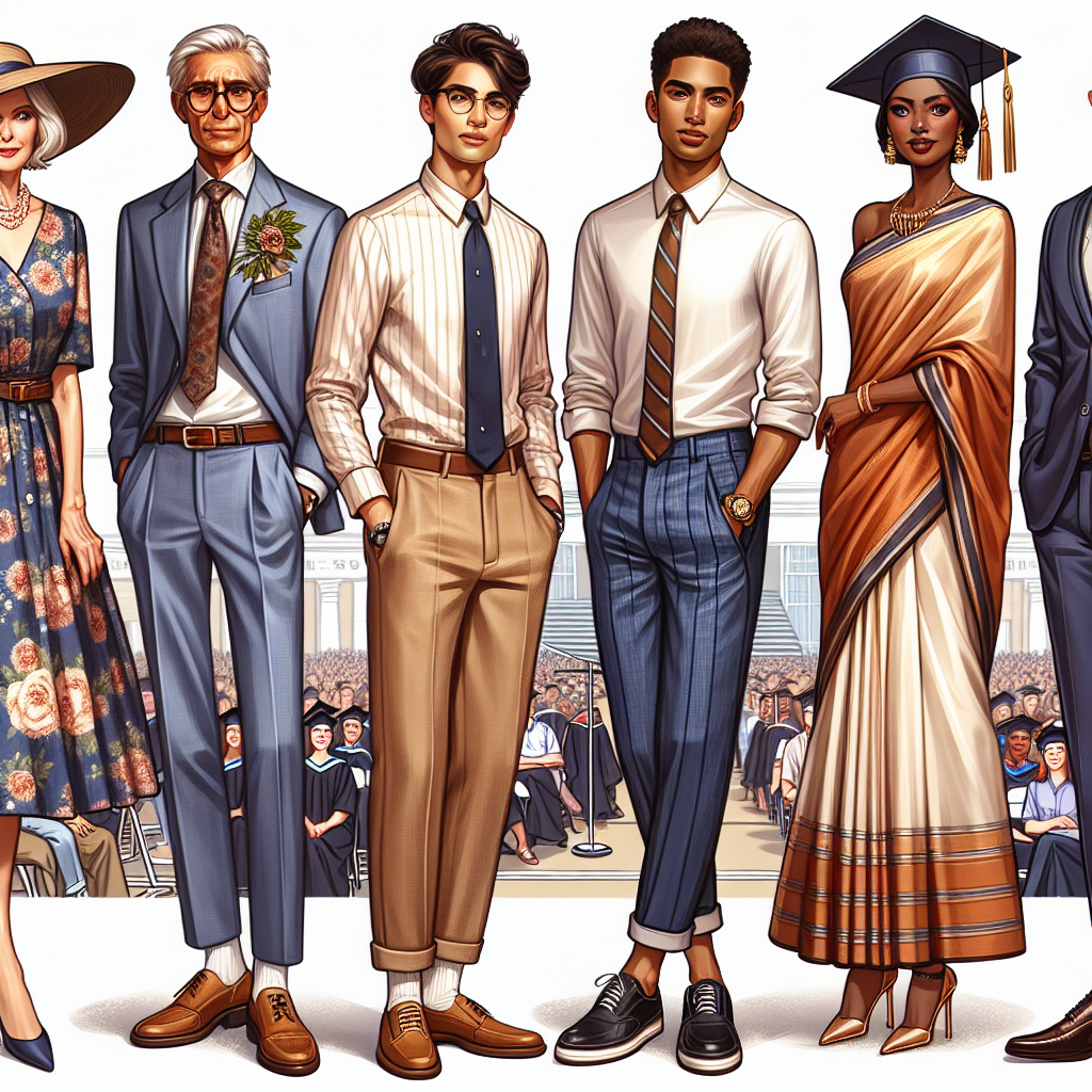 Graduation Guest Styles: Exclusive & Effortless Outfits A collection of five individuals, each showcasing a unique graduation guest outfit. The first is an elegant middle-aged Caucasian woman in a floral knee-length dress and a classy hat. The second is a young Hispanic male presenting a semi-formal look with a button-down shirt, chinos, and loafers. The third is an elderly Black woman elegantly dressed in a traditional African dress. The fourth is a young South Asian female in a fashionable saree paired with tasteful jewelry. Lastly, a confident Middle-Eastern man in a sharp suit and polished shoes. The background is a graduation ceremony with decorated chairs, a podium, and a crowd.