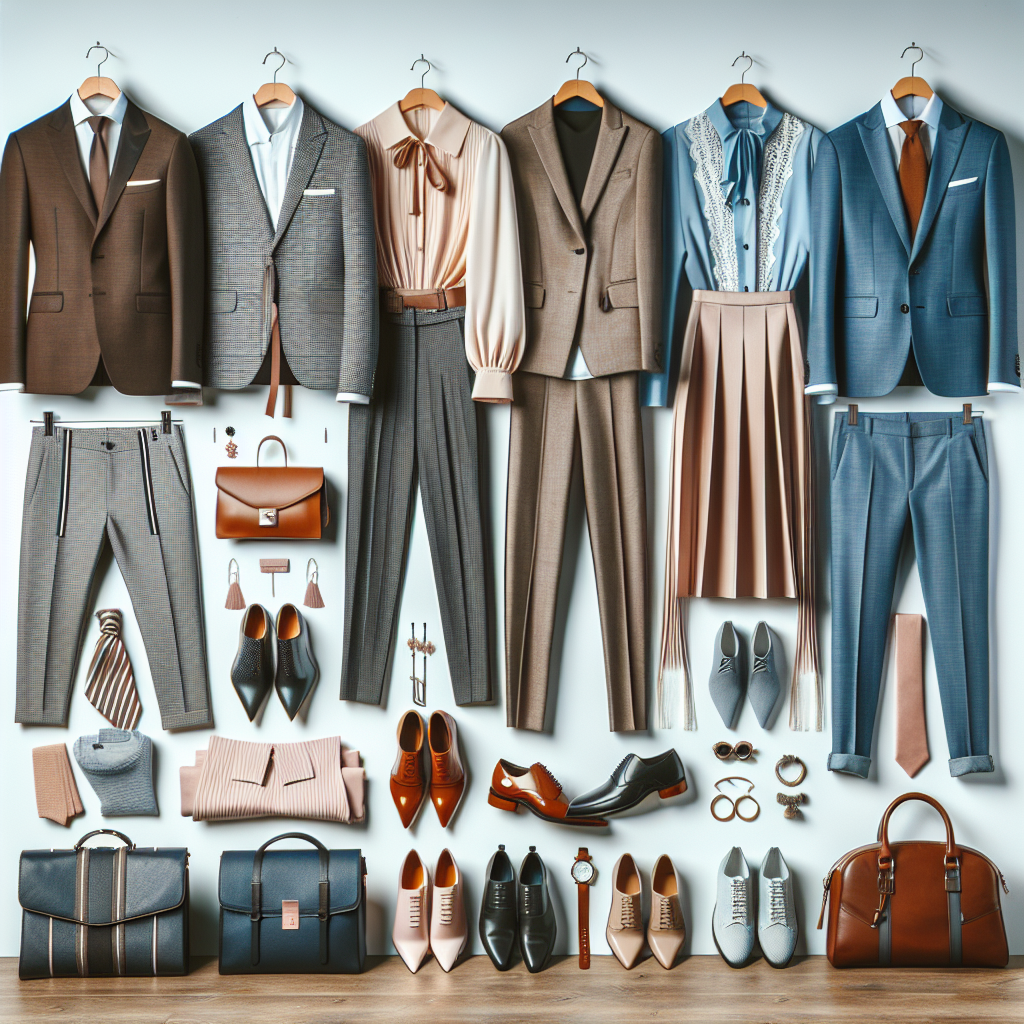 Stunning Outfits for Career Fairs: Dress to Impress! An array of stunning outfits suitable for career fairs laid out on a table. The collection includes a sharp suit worn by a South Asian man, a trendy jumpsuit on a Black woman, an elegant blouse and skirt combination chosen by a Caucasian woman, and a fashionable blazer and chinos combination displayed by a Hispanic man. Each outfit radiates professionalism and is paired with accessories like leather shoes, chic handbags, silk ties, and fashionable jewelry. All of them are arranged with a backdrop that screams 'Dress to Impress!'.