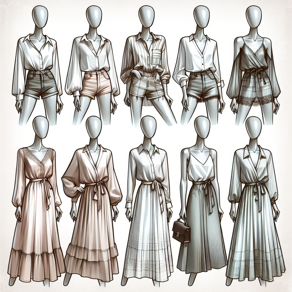 Must-Have Shirts for Long Silk Slip Skirts Illustrate an image featuring six fashionable must-have shirts. The shirts should range in color, style, and design, with each being ideal for pairing with long silk slip skirts. Explore a variety of fashion styles and fabrics, and show them on abstract mannequin forms of varied body shapes. It is required that the shirts be of high quality - visible through details in stitching, cut, and fabric quality. Show the shirts on a subtle, clean, and elegant background so as not to distract from the main subject.