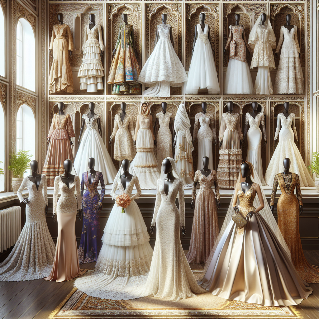 Stunning Wedding Styles: Find Your Perfect Fit Create a visually stunning, detailed image that depicts a bridal boutique displaying a multitude of different wedding attire styles from various cultures and time periods. Articulate from 19th-century Victorian, to traditional South Asian lehengas, elegant Hispanic gowns adorned with lace, majestic Middle-Eastern Kaftans, fashion-forward Black African mermaid dresses, and simple yet sophisticated modern Caucasian wedding dresses. Show different mannequins of varying body types – fit, curvy, petite – outfitted in these diverse clothing masterpieces. Incorporate a magnificent variety of fabrics, textures, and patterns in the clothes and the store should exude a warm, welcoming, and celebratory ambiance.