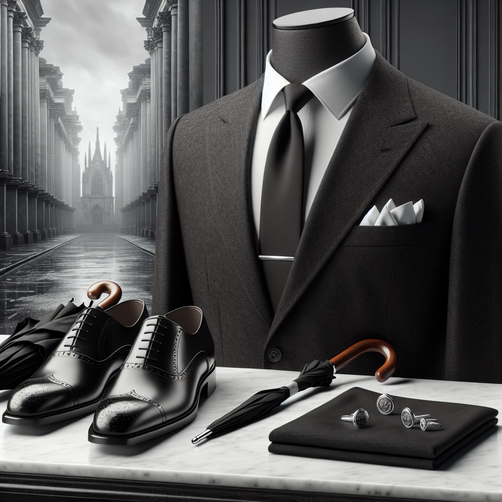 Image of a distinguished display featuring resilient English wool dark suit, a classic plain white shirt and a matte black tie. In the foreground, place an overlay of black leather oxford shoes and a black umbrella on a slightly white marbled floor. At a close side, a folded plain white pocket square and silver cufflinks delicately arranged atop a mahogany wooden table. Lastly, behind insinuate a retiring, architectural visualization with greyscale tones of a peaceful chapel background, emphasising the reverence and respect associated with a solemn event. This will be the definitive guide to timeless and respectful men's funeral attire.