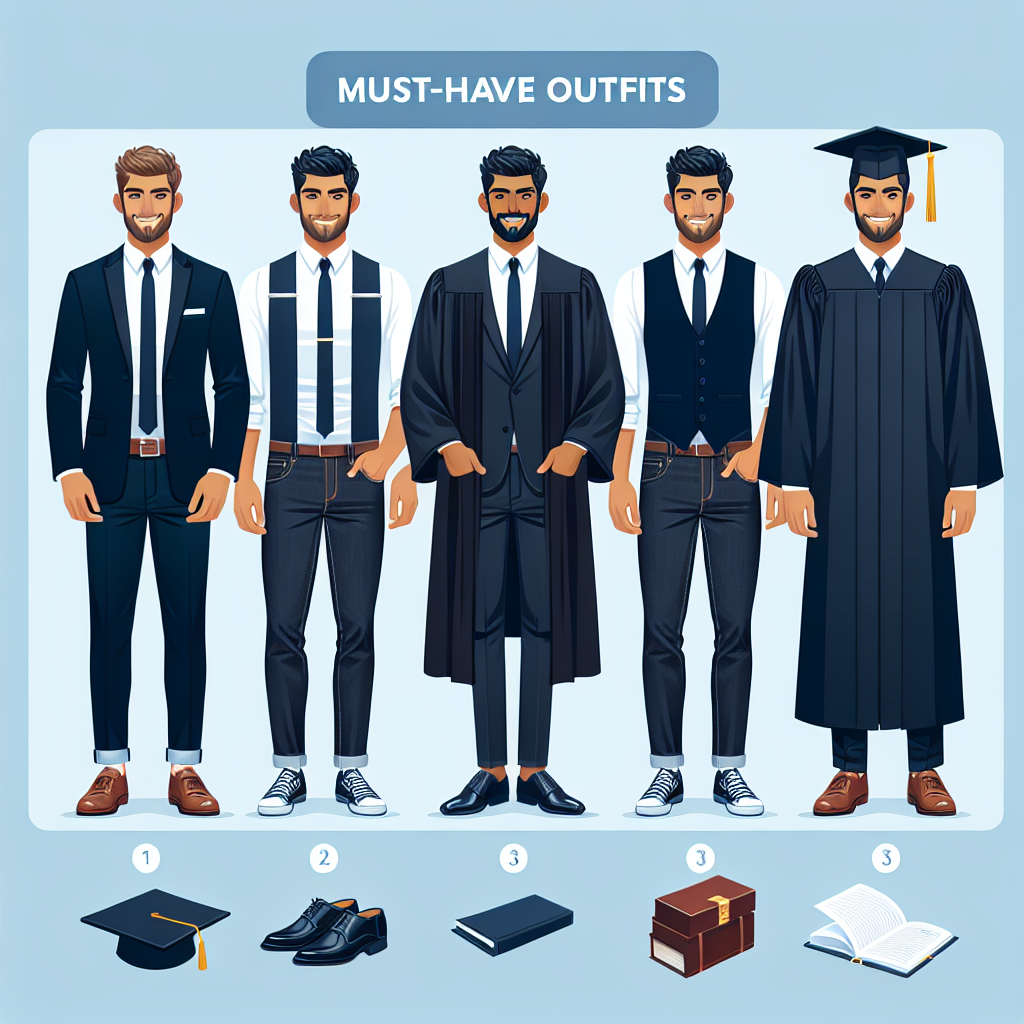Must-Have Outfits for Men: What to Wear to Graduation Create an image showcasing different must-have outfits for men suitable for a graduation ceremony. Include a range of attire: a crisp suit with a matching tie and shoes, a semi-formal look with a blazer and dark jeans, and a traditional academic gown. The men wearing the outfits should be from a variety of descents: one Caucasian, one South Asian, and one Hispanic, illustrating diversity. Set the image in an academic setting with proud faces ready to walk the graduation stage.