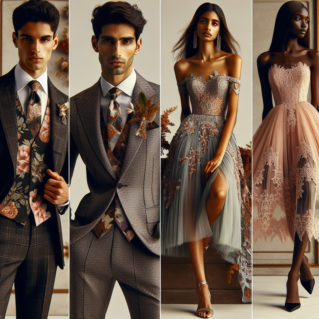 Stunning Outfits for September Weddings 2024 A collage of stunning and fashionable outfits suitable for September weddings in 2024. The display showcases the latest trends in wedding guest attire. On the left, there's a Middle-Eastern man wearing a sophisticated dark suit with a floral tie. In the center, a South Asian woman is seen in a modern twist of a traditional sari, creating a fusion of cultures. On the right, we see a Black woman in a stylish pastel, knee-length dress adorned with delicate lace. All the outfits reflect a perfect balance between formal wear and the transition to autumn in their color schemes and fabric choices.