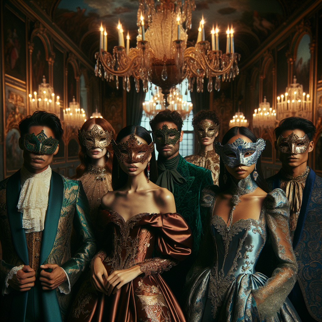 Stunning Masquerade Ball Attire: Find Your Perfect Look Envision an opulent masquerade ball in a grand, baroque-style hall. Diverse guests, including a Hispanic woman in an exquisite, emerald silk gown, an Asian man dressed in an elegant, auburn velvet jacket, and a Middle-Eastern woman in a stunning, sapphire-hued dress, are each wearing unique, intricate masks. Their attire reflects a harmonious blend of modern fashion with period-inspired elements, such as lace, embroidery, and ornate accessories. Glimmers of the chandeliers' glow illuminate the rich textures and elaborate patterns of their outfits, breathing life into this vibrant tableau.
