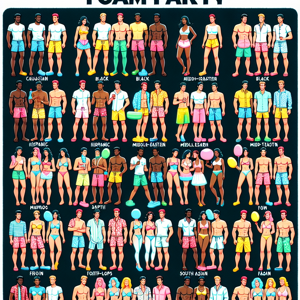 Effortless Outfits for a Foam Party: Must-Have Styles Generate an image showcasing a variety of outfits suitable for a foam party. Imagine a lively scene where people, of different descents such as Caucasian, Black, Hispanic, Middle-Eastern and South Asian, are having fun. Make sure both men and women are represented. As for the outfits, think late-night summer party aesthetics: light colours, breathable fabrics, and waterproof materials. Picture shirts, shorts, sundresses, flip-flops, and waterproof footwear. Remember to diversify the styles to create an inclusive image, offering an array of sartorial choices that cater to different genders, body types and personal tastes.