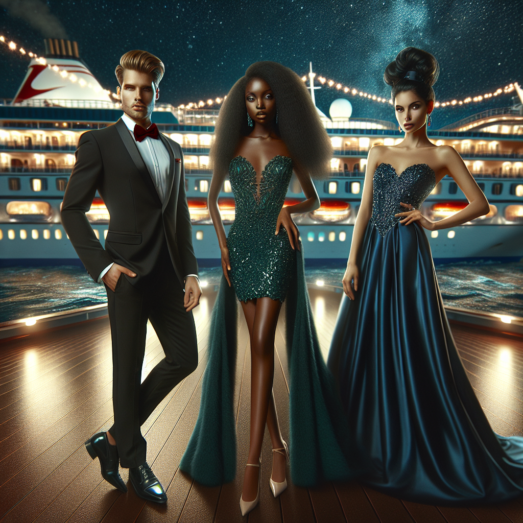 Stunning Cruise Formal Night Outfits: Effortless Style Imagine a scene illustrating effortless style at a formal night on a stunning cruise. The image showcases three individuals of different descents: a Caucasian man, a Black woman and a Hispanic woman. The man is dressed in a stylish black dinner suit with a red bow tie, displaying a confident stance. The Black woman exudes elegant charm in a jeweled emerald-green gown, while the Hispanic woman is in a stunning royal blue floor-length dress with an updo hairstyle. The backdrop includes the twinkling lights of the ship, the dark ocean, and stars overhead.