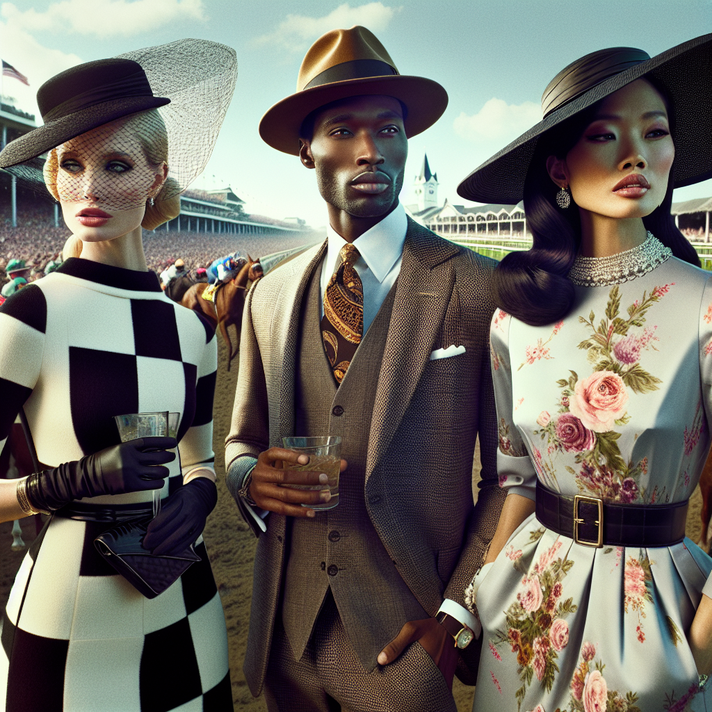 Stunning Outfits for Kentucky Derby: Effortless Style A scene at the Kentucky Derby, featuring three well-dressed individuals. The first person is a Caucasian woman in a trendy monochrome outfit, matching hat with netted veil, and high-heeled shoes. The second individual is a Black man, looking dapper in a tailored suit, eye-catching tie, and a fedora. The third is a South Asian woman boasting a vintage-inspired floral dress with a wide-brimmed hat. The background buzzes with excitement, featuring the race track and horses in the distance, and the sky above is clear blue.