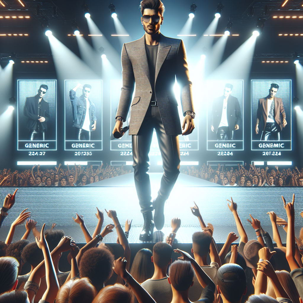 Must-Have Looks for Justin Timberlake 2024 Concert A hip, stylish generic male pop singer on stage during a future concert in 2024 showcasing must-have fashion trends. He is wearing a modern, chic suit and exudes an electrifying energy. The crowd is a sea of enthusiastic fans of various descents and genders, all basking in the music and stage lights. The overall feel of the image should be energetic, fashion-forward, and music-drenched.