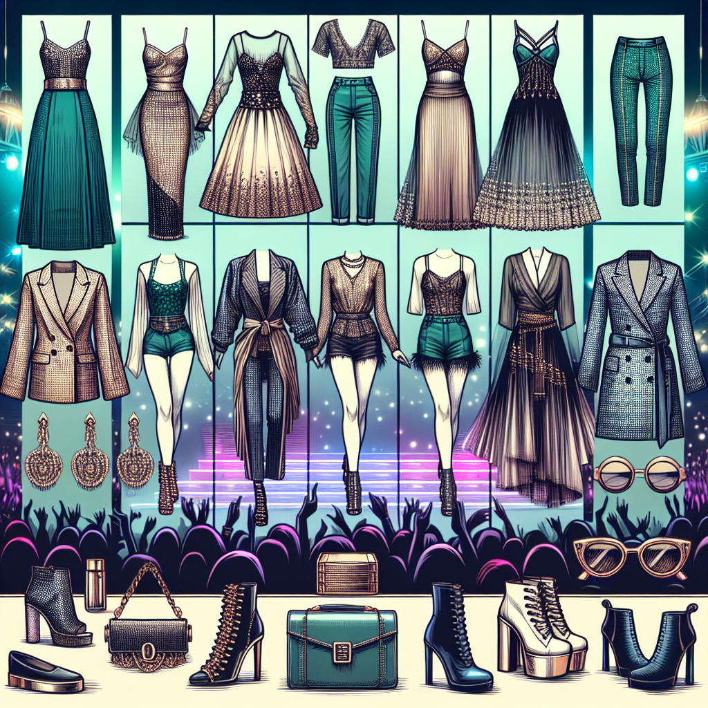 Stunning Outfits for Chris Brown Concerts: Best Picks! Conceptualize an image depicting a collection of stunning and stylish outfits suitable for a modern pop music concert. These outfits should be diverse, ranging from glamorous and fashionable dresses for women, stylish suits for men, and casual yet trendy clothing for all genders. Each outfit should reflect a contemporary, urban style with a touch of luxury, perfect for an evening of melodic entertainment under neon lights. Accentuate the outfits with relevant accessories such as chic sunglasses, unique jewelry pieces, signature footwear, and statement bags. The background could hint at the exciting atmosphere of a music concert without directly associating with a specific artist.