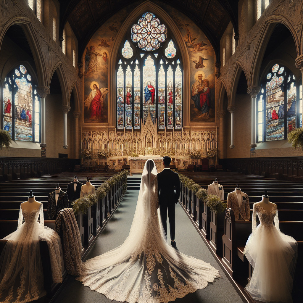 Stunning Outfits for Church Weddings: Effortless Elegance A magnificent church filled with decorated pews set with a backdrop of a beautiful ancient stained glass window portraying biblical scenes. In the foreground, two figures wearing stunning elegant wedding attire are prominently displayed. The first figure is a Hispanic woman wearing a stunning, elegant white lace wedding dress with a trailing veil which is catching the light. The second figure is a Middle Eastern man, perfectly attired in a sleek black tuxedo with a boutonniere, his bow tie impeccably arranged. Resting on the pews, you can see thoughtfully chosen outfits for wedding attendees, flaunting an aura of effortless elegance.