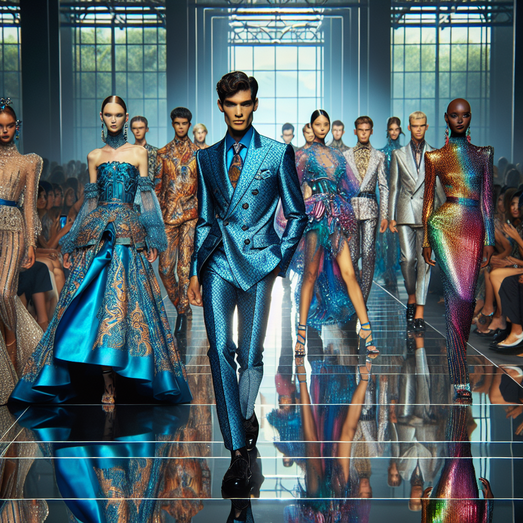 Fashion Show Styles: Must-Have Looks for Unforgettable Impressions A vivid image of a fashion show runway filled with models showcasing unique and unforgettable styles. In the forefront, a South Asian male model can be seen donning a cutting-edge and sophisticated sapphire blue suit with intricate golden patterns. Behind him is a Hispanic female model in a flashy, turquoise avant-garde gown adorned with holographic sequins striking a dramatic pose. In the distance, a diverse group of models in various styles, from classic to modern, can be seen, alternatively spotlighted as they sashay down the runway. The audience, consisting of people from different ages, genders, and descents, watch and applaud, fully captivated by the stunning display of fashion.