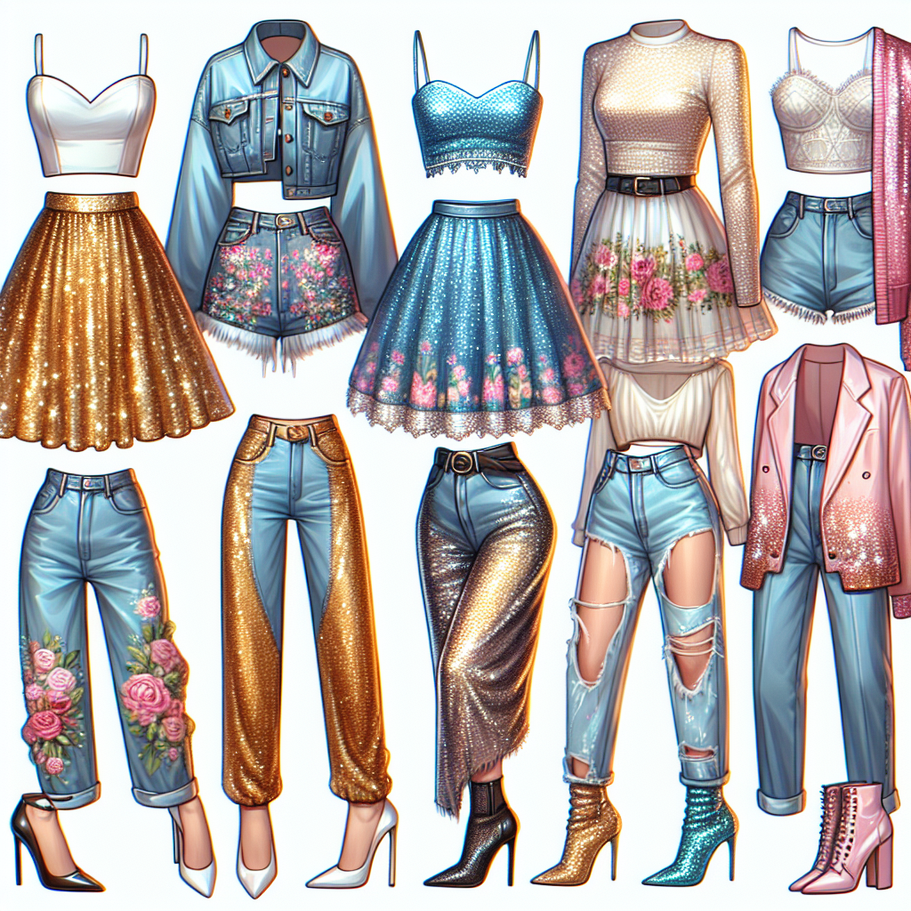 Stunning Outfits for a Taylor Swift Concert: Must-See Styles! An array of stylish and stunning outfits suitable for a pop concert. These outfits include a sequined golden skirt teamed up with a white crop top, a floral dress with a denim jacket, a retro-inspired apparel with high-rise glitter pants and an oversized pastel-colored cardigan, and a glamorous black jumpsuit paired with high-heeled boots. All styles echo trends typical of pop music fan attire, capturing the spirit and energy of a live concert. Note: Although these were designed with a contemporary female pop star's concerts in mind, they don't reference any specific individual.