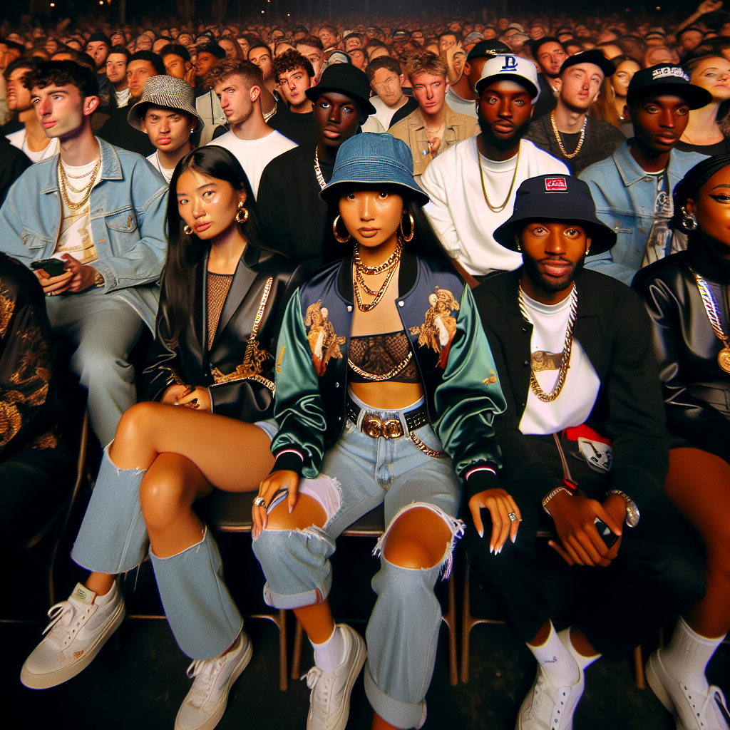 Rap Concert Outfits: Stunning, Effortless Style Picks A lively scene at a rap concert showing a mix of audiences wearing different styles of outfits to express their unique fashion sense. Picture a black woman in a stylish, gold-chain adorned bomber jacket, paired with ripped jeans. Close by, a white man dons an oversized t-shirt, jeans, and a pair of retro sneakers, while rocking a bucket hat. Back in the audience, a south Asian woman in a chic leather jacket with a neon-coloured crop top underneath, and a Middle-Eastern man clad in a simple, elegant white shirt and black slacks. All these people are illuminated under the vibrant stage lights.