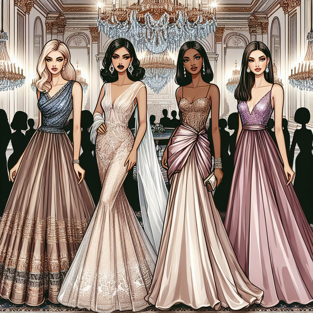Stunning Gala Outfits for Women: Effortless Elegance Illustrate an elegant scene of a fashionable evening gala. Showcase a selection of beautiful gala outfits for women. Detail four women standing together, each representing different descents: a Middle-Eastern woman, a South Asian woman, a Black woman, and a Hispanic woman. Each woman wears a magnificent dress that exemplifies effortless elegance and matches their unique style. The scene should reflect the stunning opulence of high-society galas with gleaming chandeliers above and a grandiose staircase in the background.