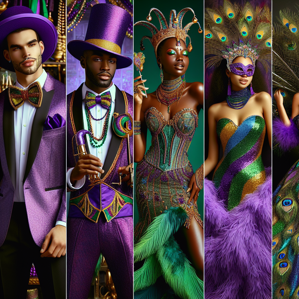 Envision an array of radiant and vibrant Mardi Gras costumes that are all the rage for a memorable celebration. The first outfit is worn by a Middle Eastern man, and it's a sparkling violet suit, complete with matching top hat and feather boa. Near him, a Black woman shares the scene in her iridescent green gown, accentuated with gold bead necklaces. On the other side, a Hispanic man showcases his vivid, multicolor jester costume and mask. Meanwhile, a South Asian woman graces the scene in a peacock-toned lush, floor-length feather gown. These richly decorated outfits capture the spirit of Mardi Gras merriment.